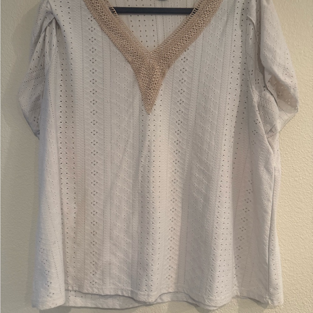 SHEIN White and Tan V-Neck Blouse